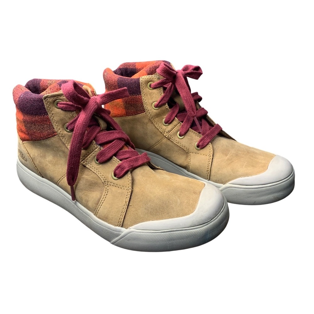 KEEN Women's Casual High Top Sneakers Tan Plaid Lined Lace Up Shoes Size 8.5